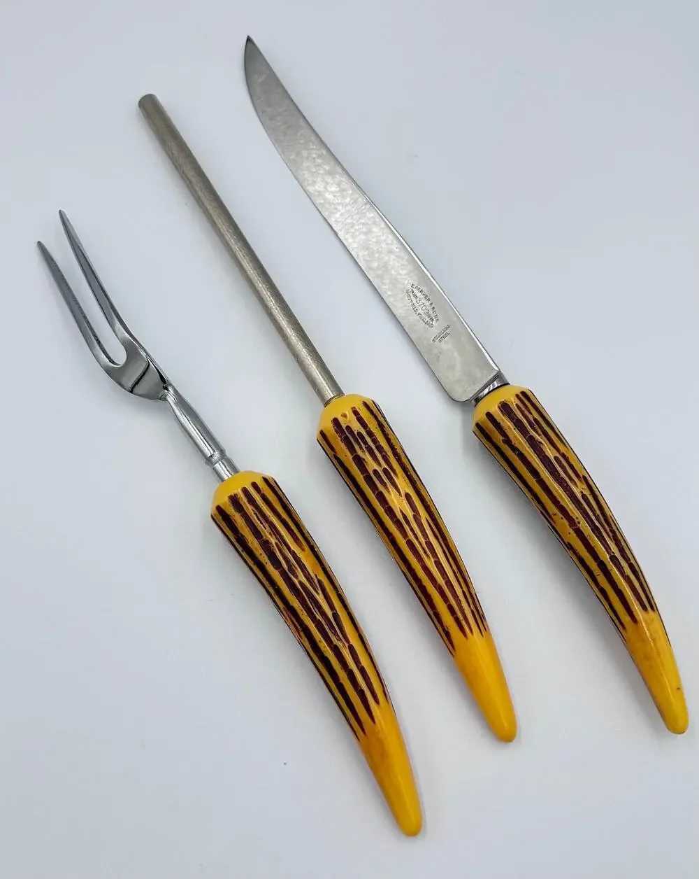 Vintage E. Parker & Sons Sheffield Faux Antler Bakelite 3pc Carving Knife Set